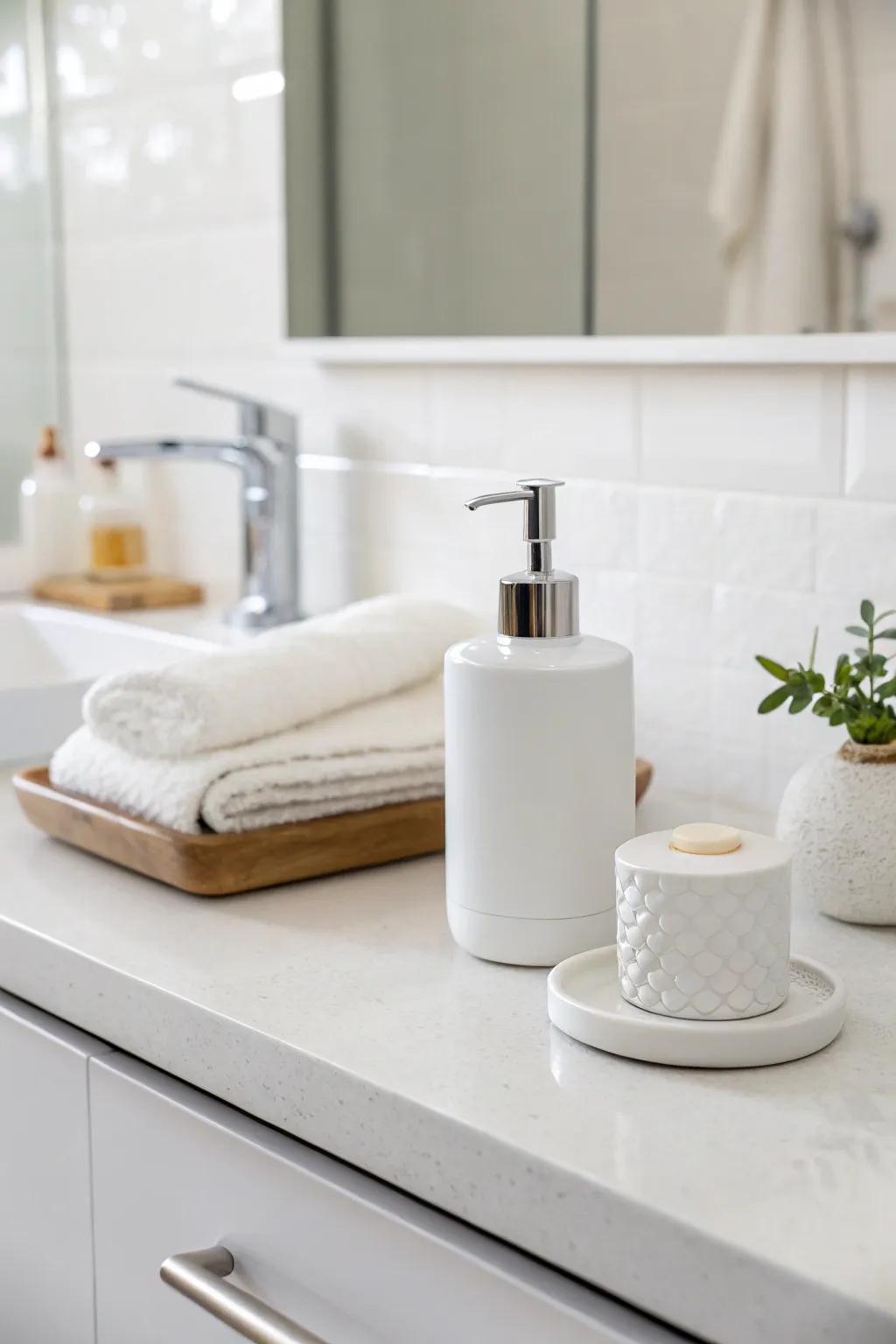 An all-white color scheme fashions a crisp and spacious impression.