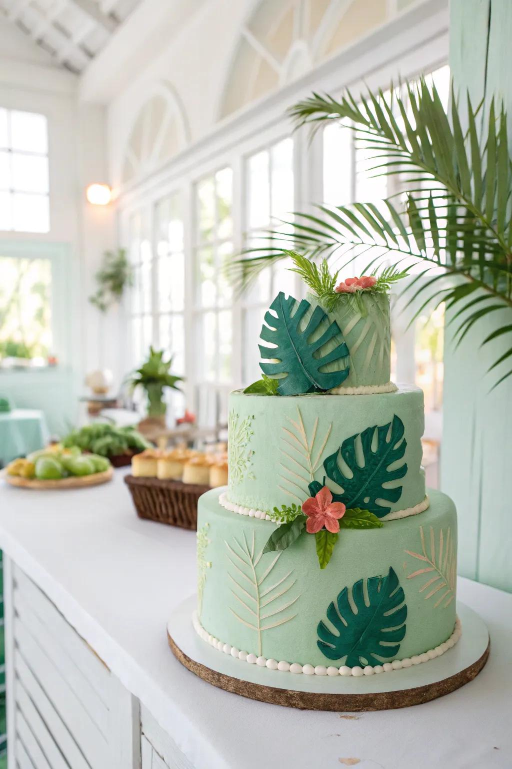 A turquoise cake with tropical vibes and decorations.