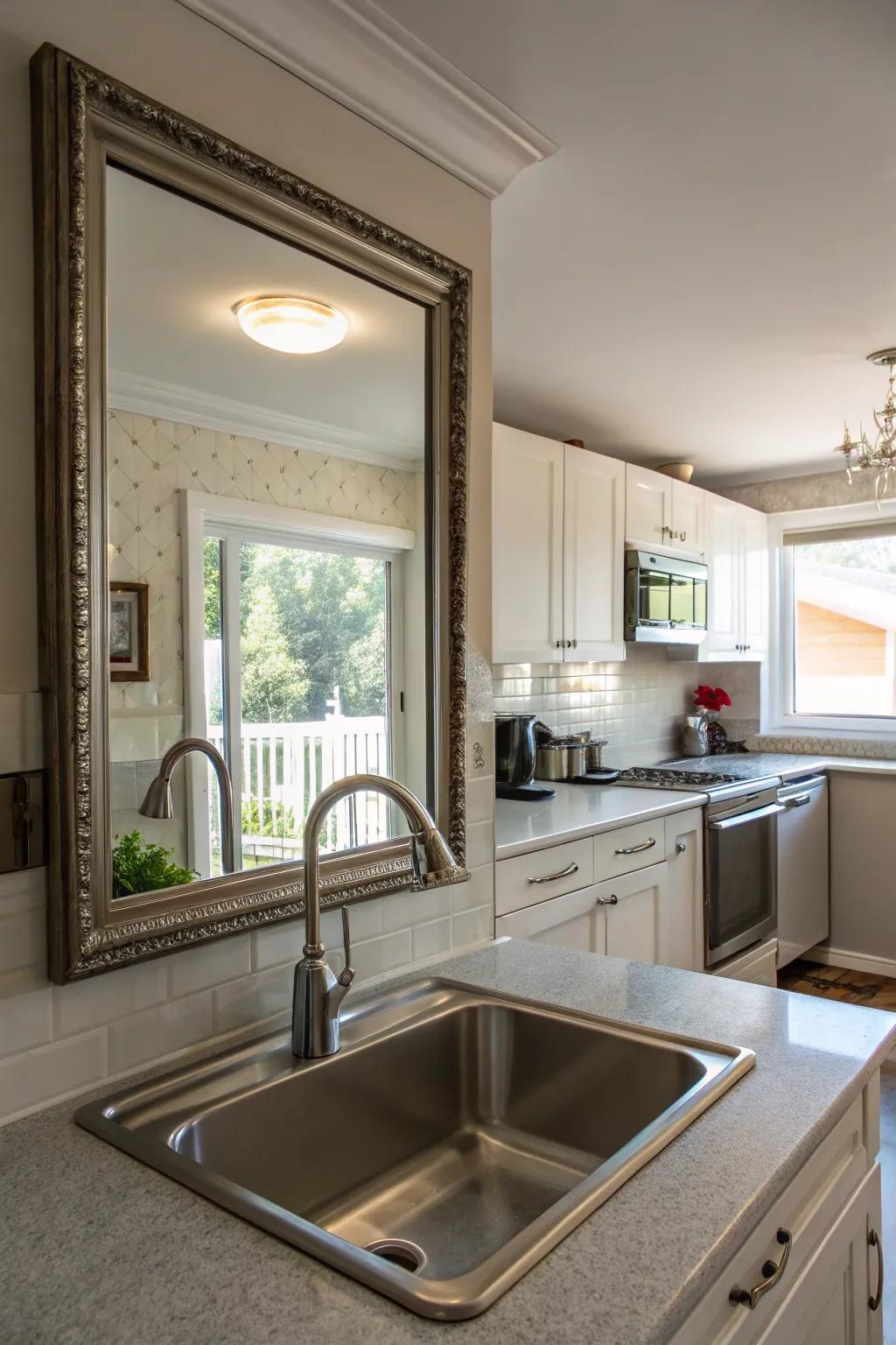 A mirror above the sink creating a sense of openness in the kitchen area.