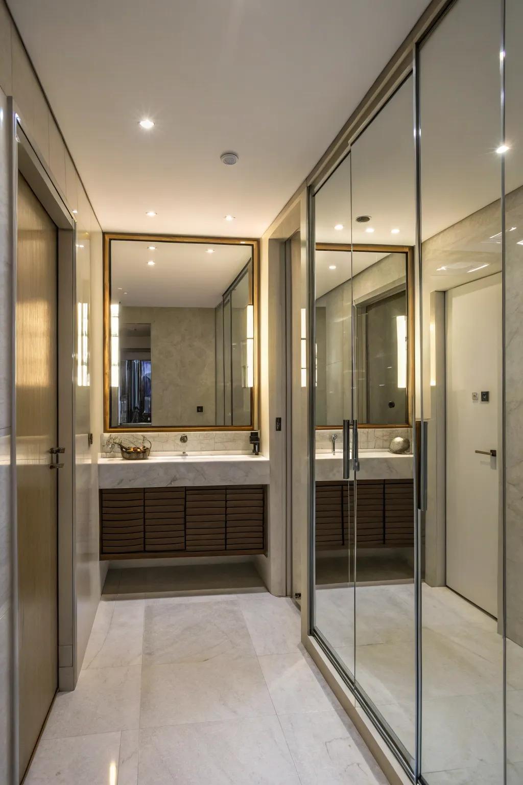 Create spaciousness in bathrooms with mirrored closets.
