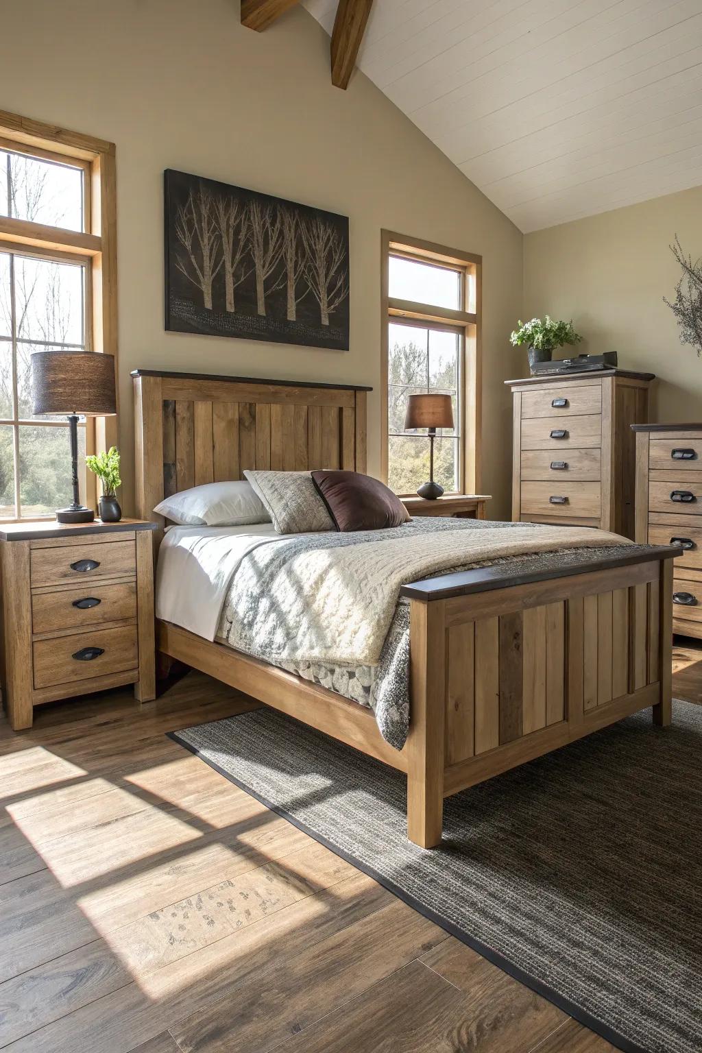 Blending wood finishes enhances depth within your bedroom design.