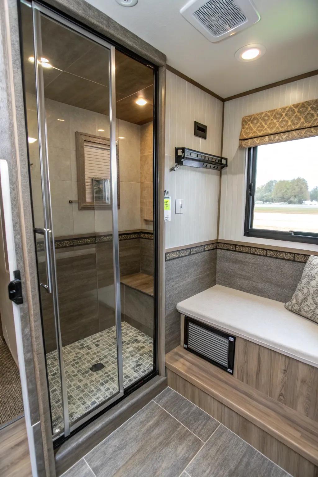 An in-showering bench adds luxury and practicality to this bathroom.