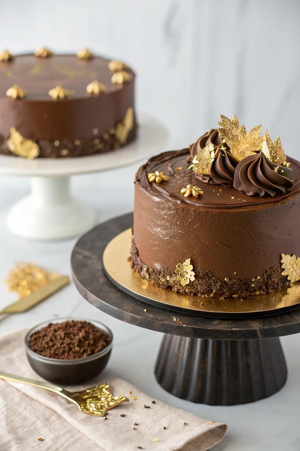 Edible gold leaf adds a glamorous touch to a mocha cake.