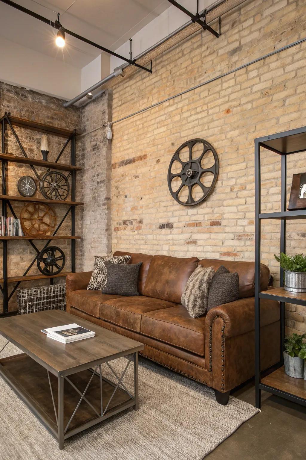 Industrial facets introduce a fashionable sharpness to the chocolate sofa area.