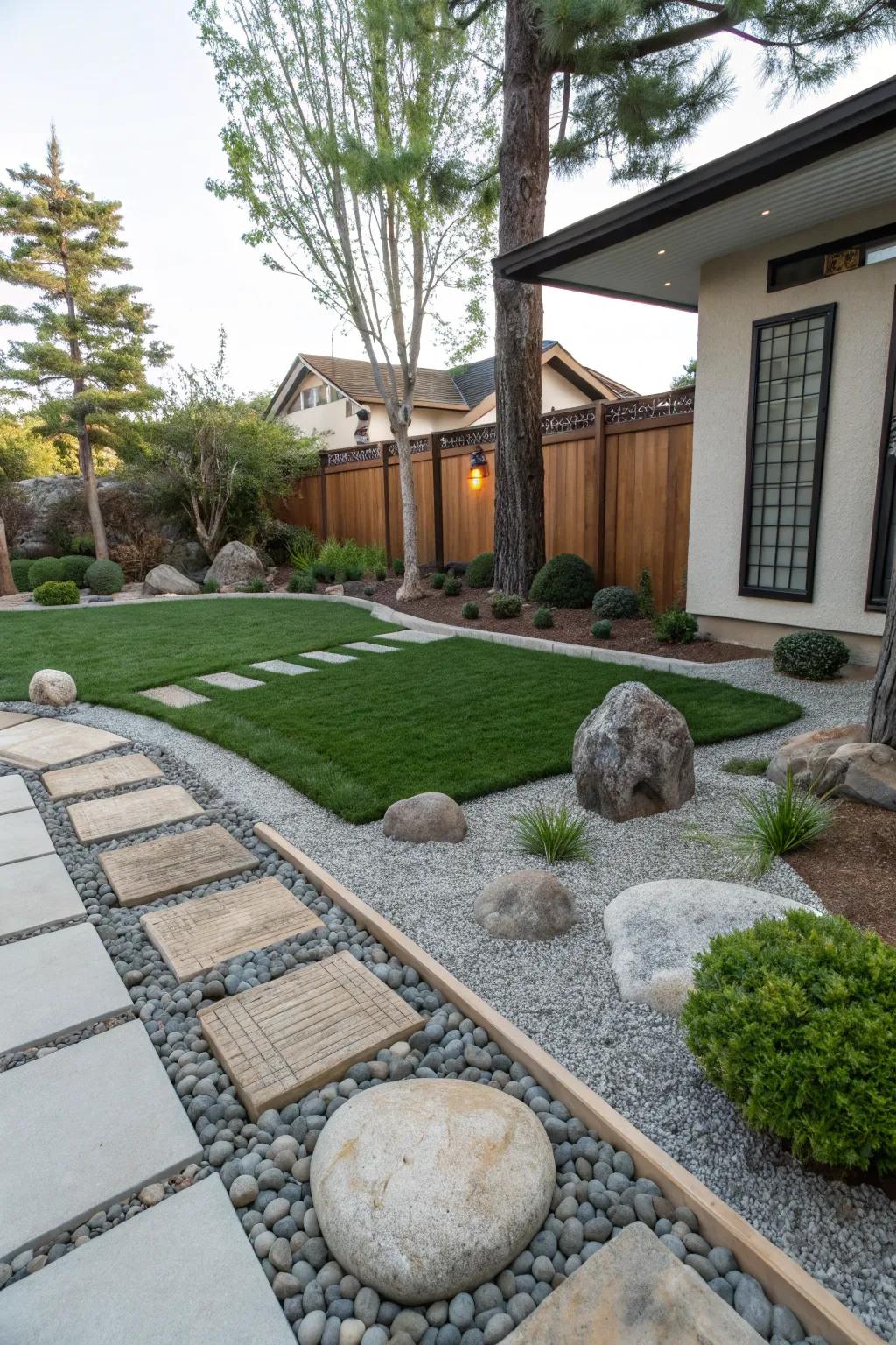 A zen-inspired front yard with artificial turf and tranquil elements.