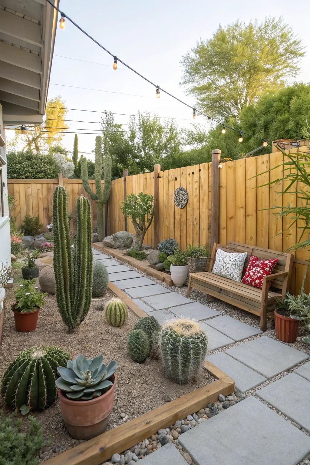 A cozy nook with a striking cactus garden featured in a backyard.