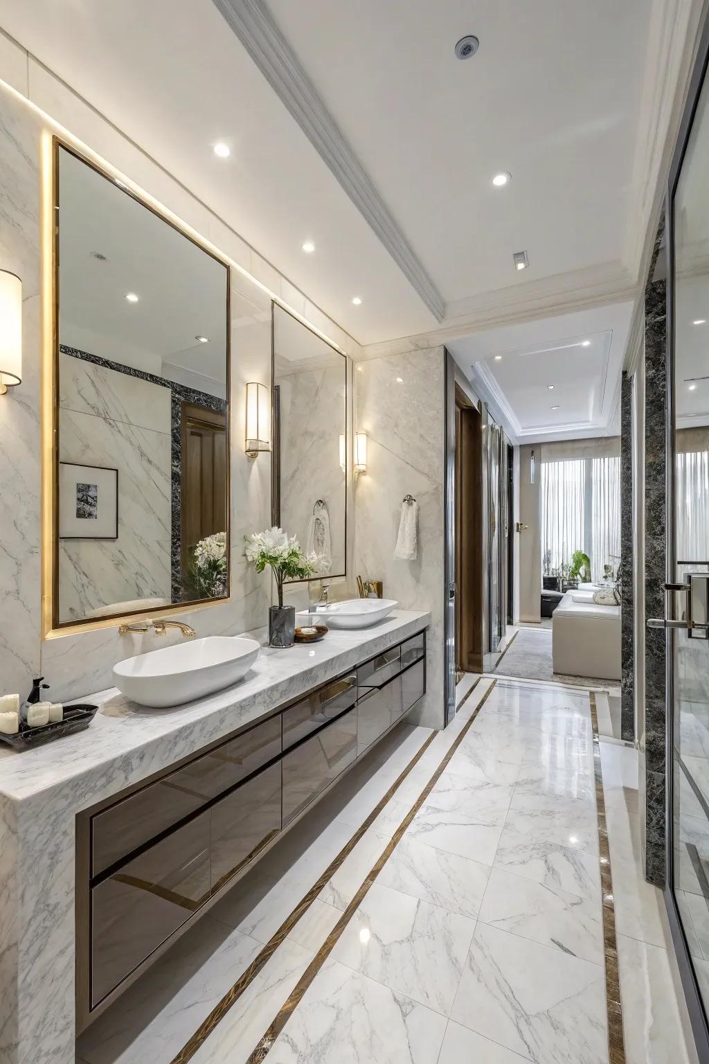 Marble touches offer timeless elegance in this contemporary bathroom.