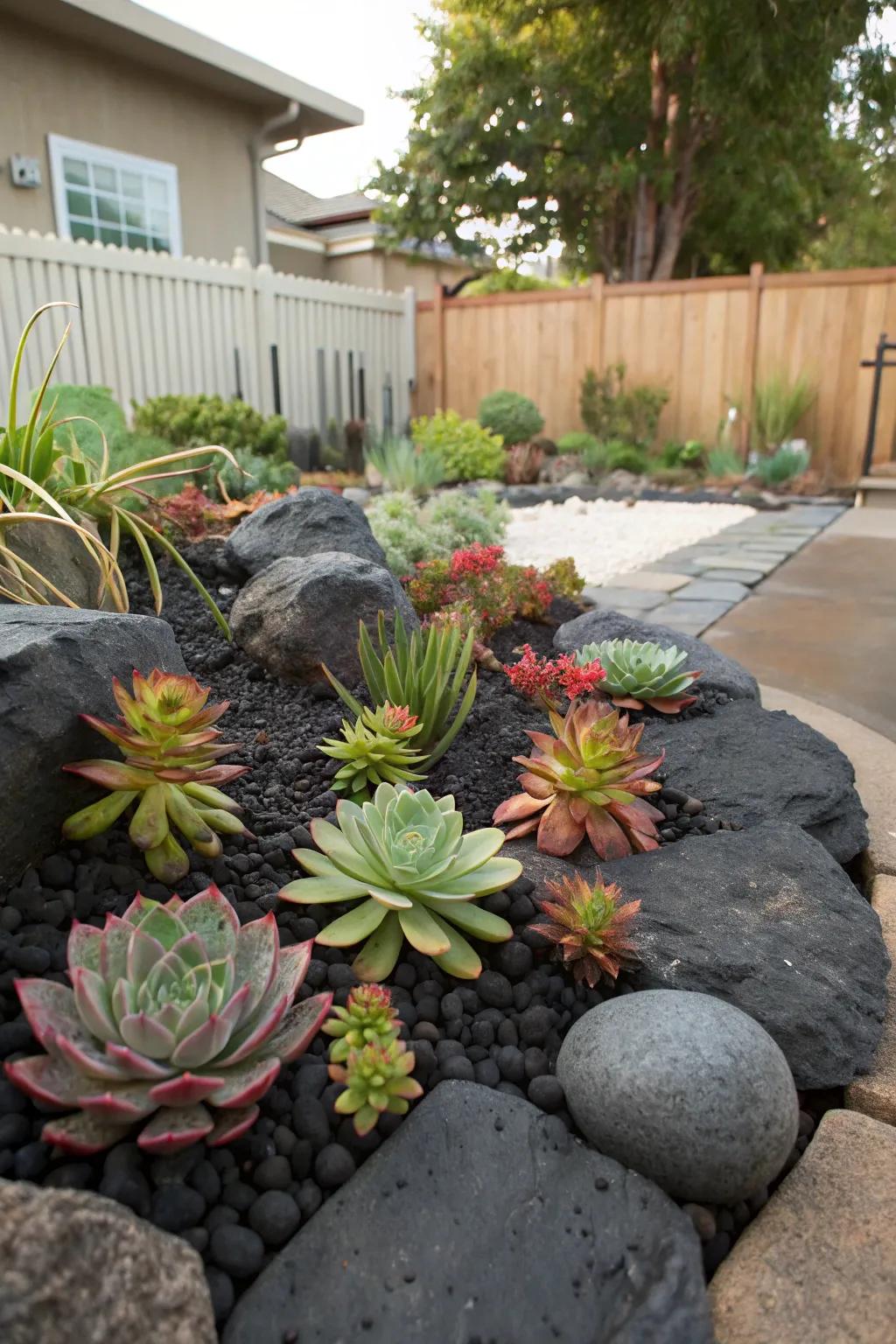Succulents thrive in a modern dark stone bed.