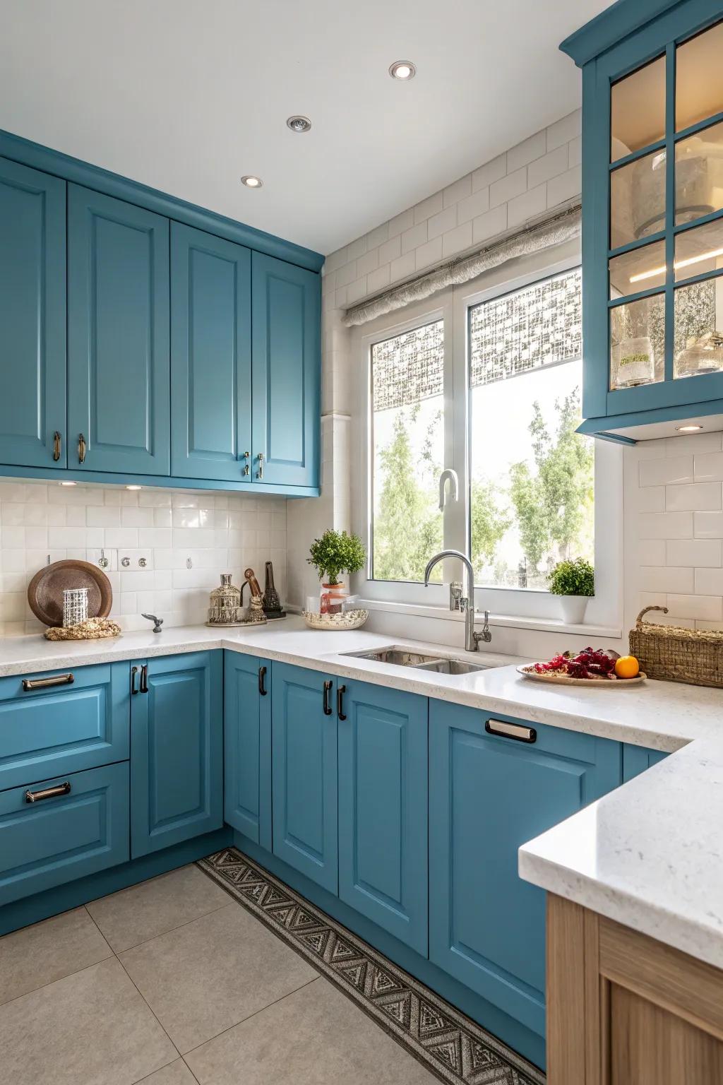 Neutral worktops furnish a soothing contrast to audacious cabinetry.