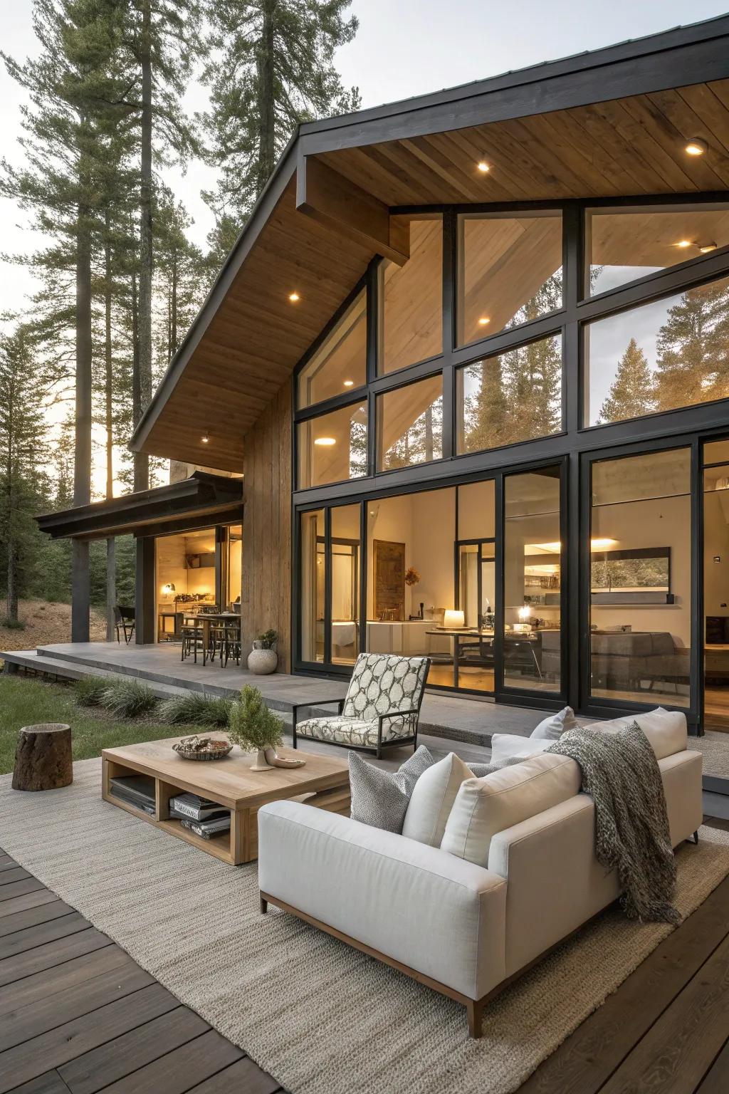 Open spaces enhance the airy feel of a modern cabin.