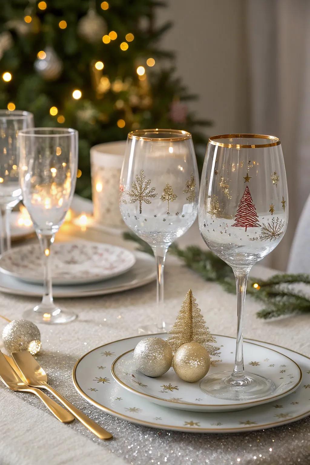 Elegant glassware with festive designs adds sparkle to the table.