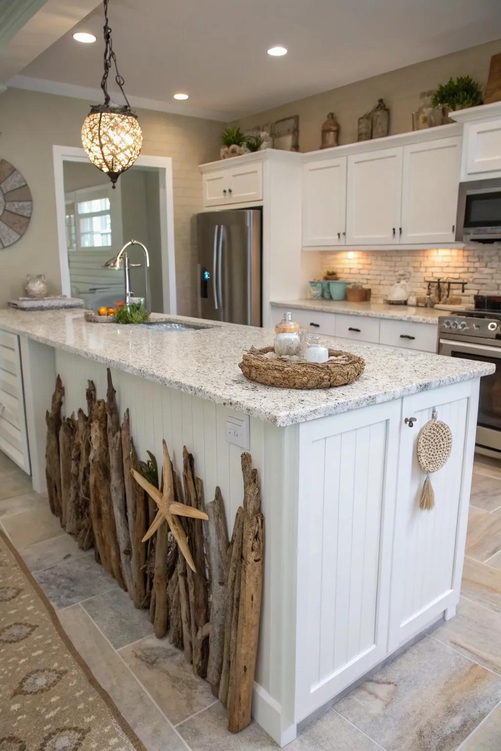 A driftwood-detailed centerpiece transports the beach indoors.