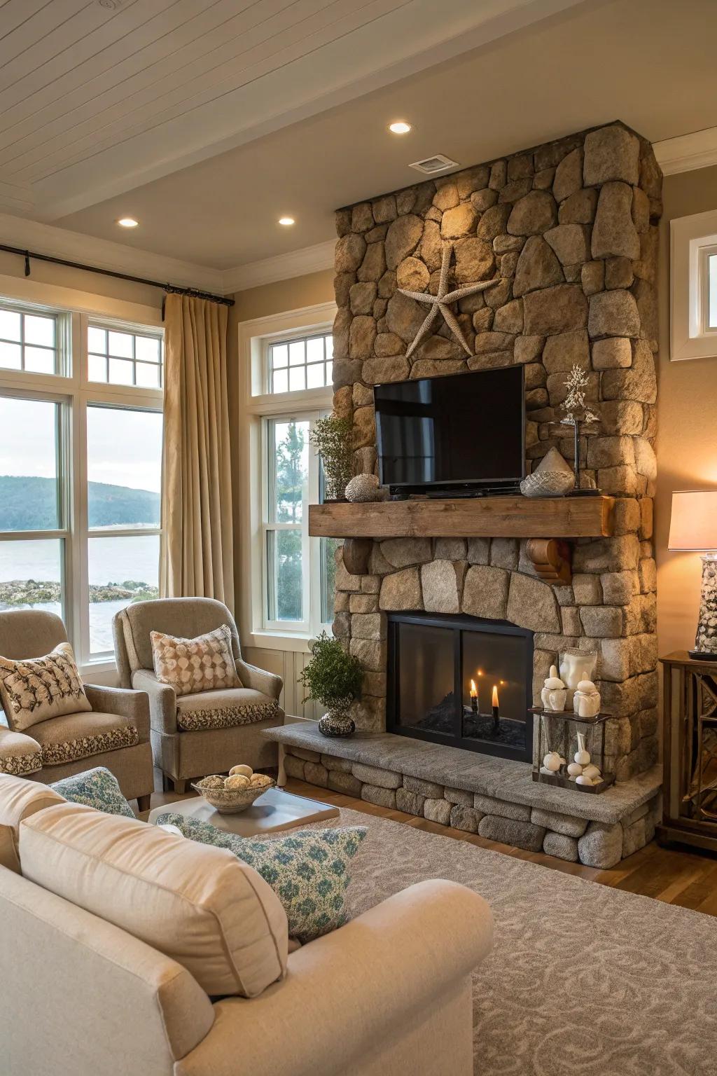 A stone fireplace offers warmth and style.