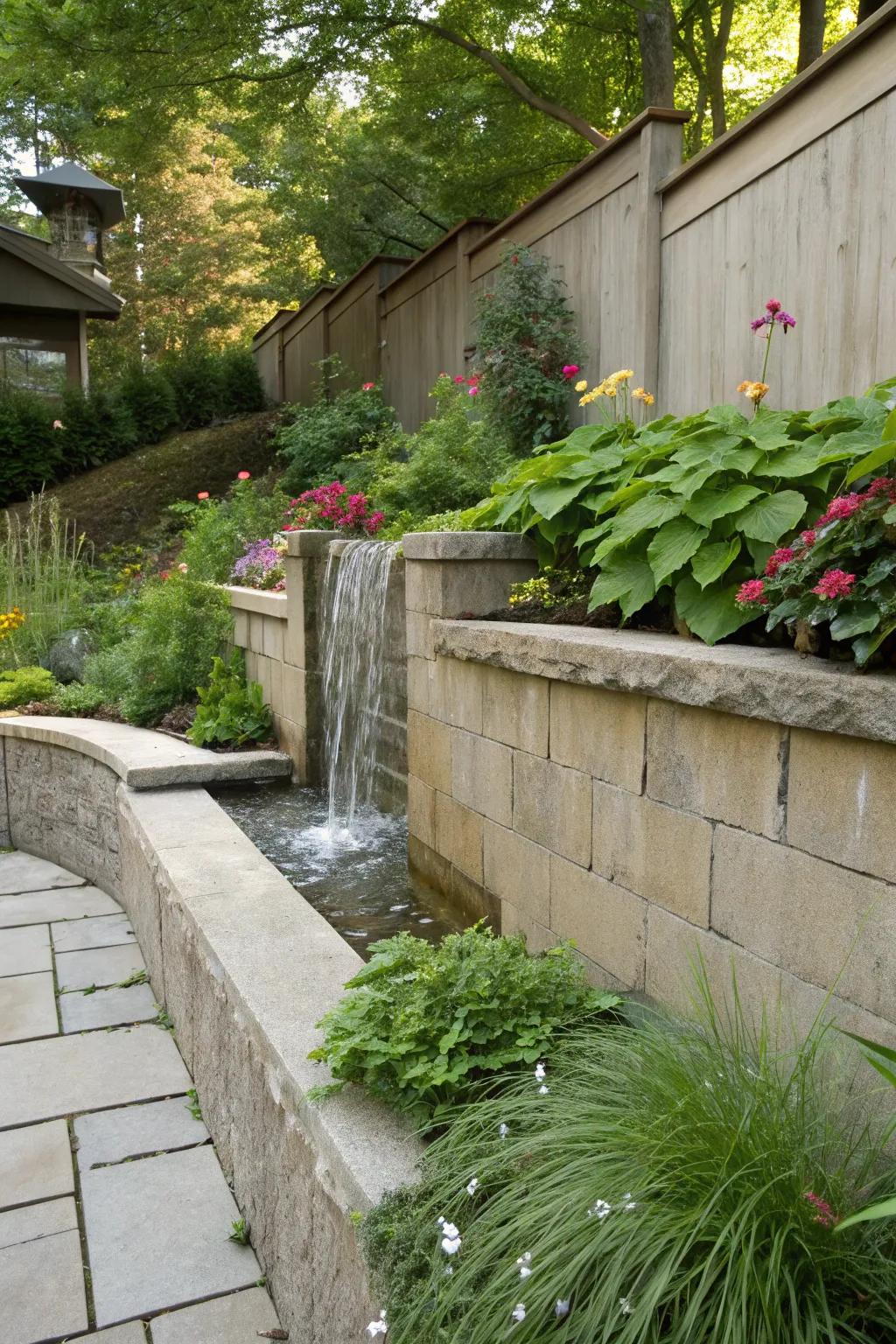 Reinforced wall sporting a cascade, imparting tranquility to the landscape.