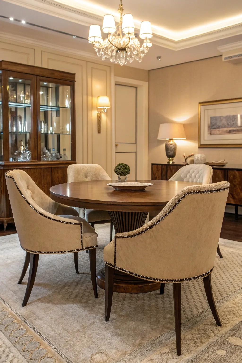Curved furniture softens the appearance of a contemporary dining room.