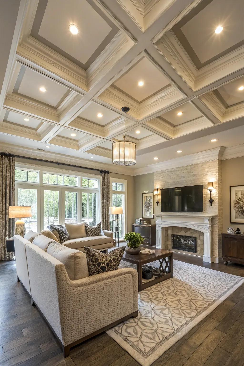 An intricately designed overhead that adds architectural interest to a modern family room.