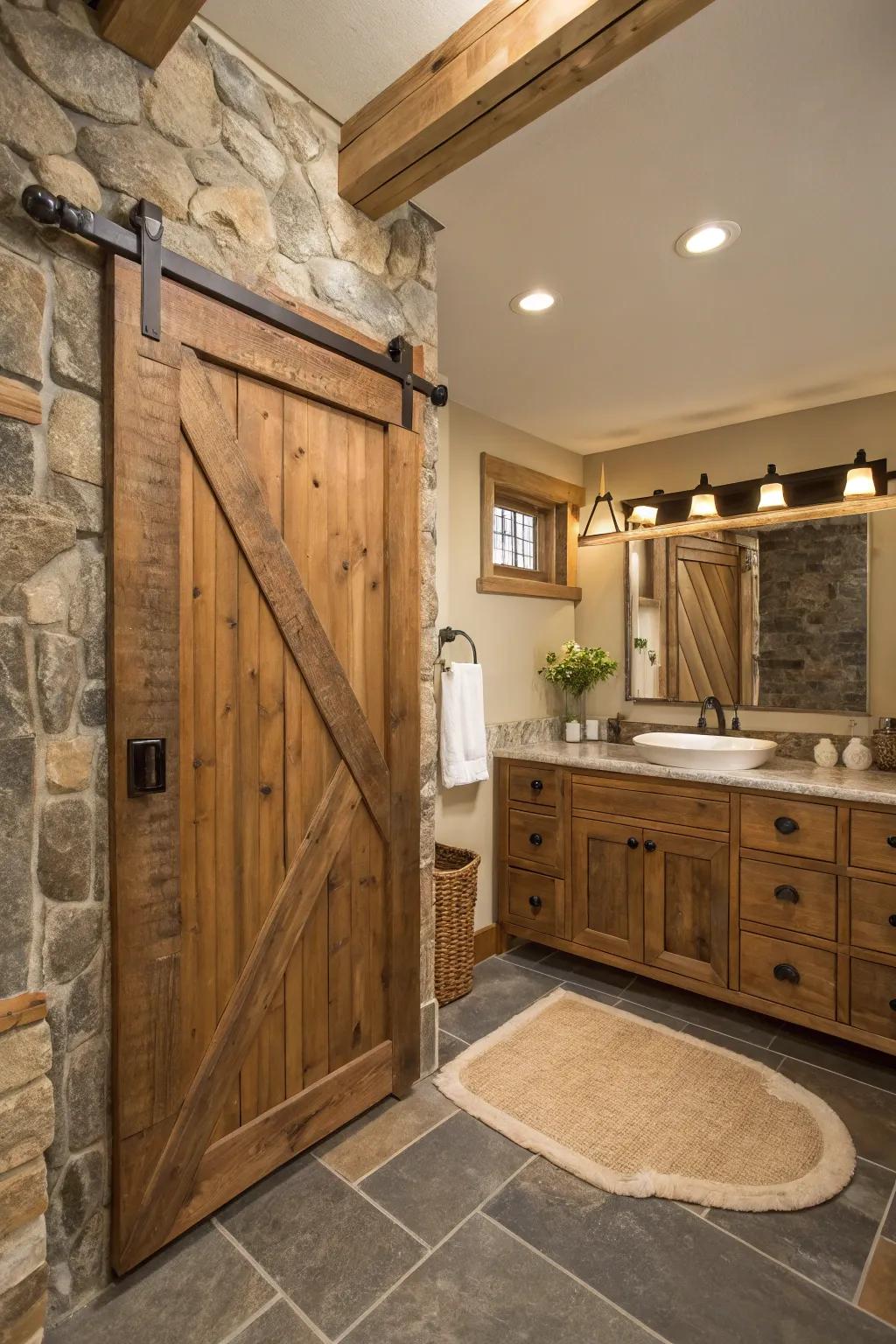 Barn-style doors offer country charm and space-saving functionality.