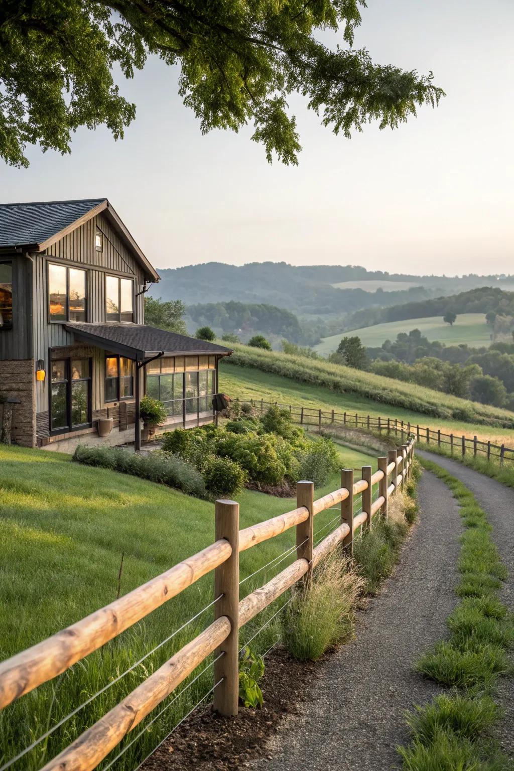 A rustic segmented rail fence brings countryside charm to this modern farmhouse.