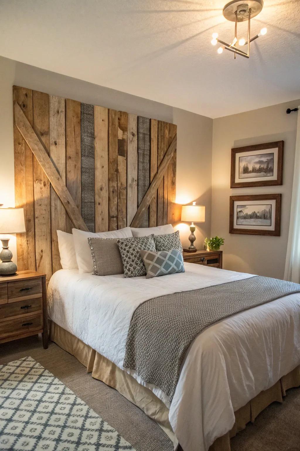 Recycled wood art adds a country story to this farmhouse guest bedroom.