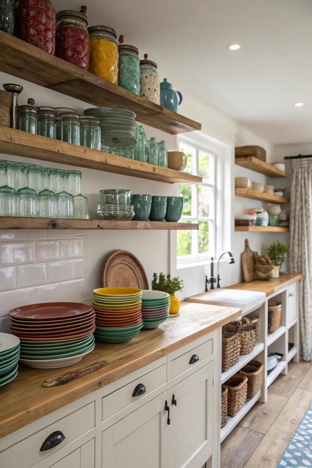 Open ledges append essence and practicality to this farmhouse kitchen.