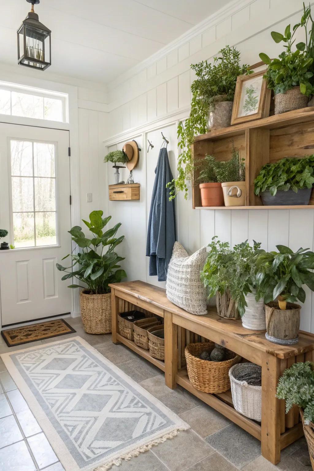 Lively mudroom featuring fresh greenery.