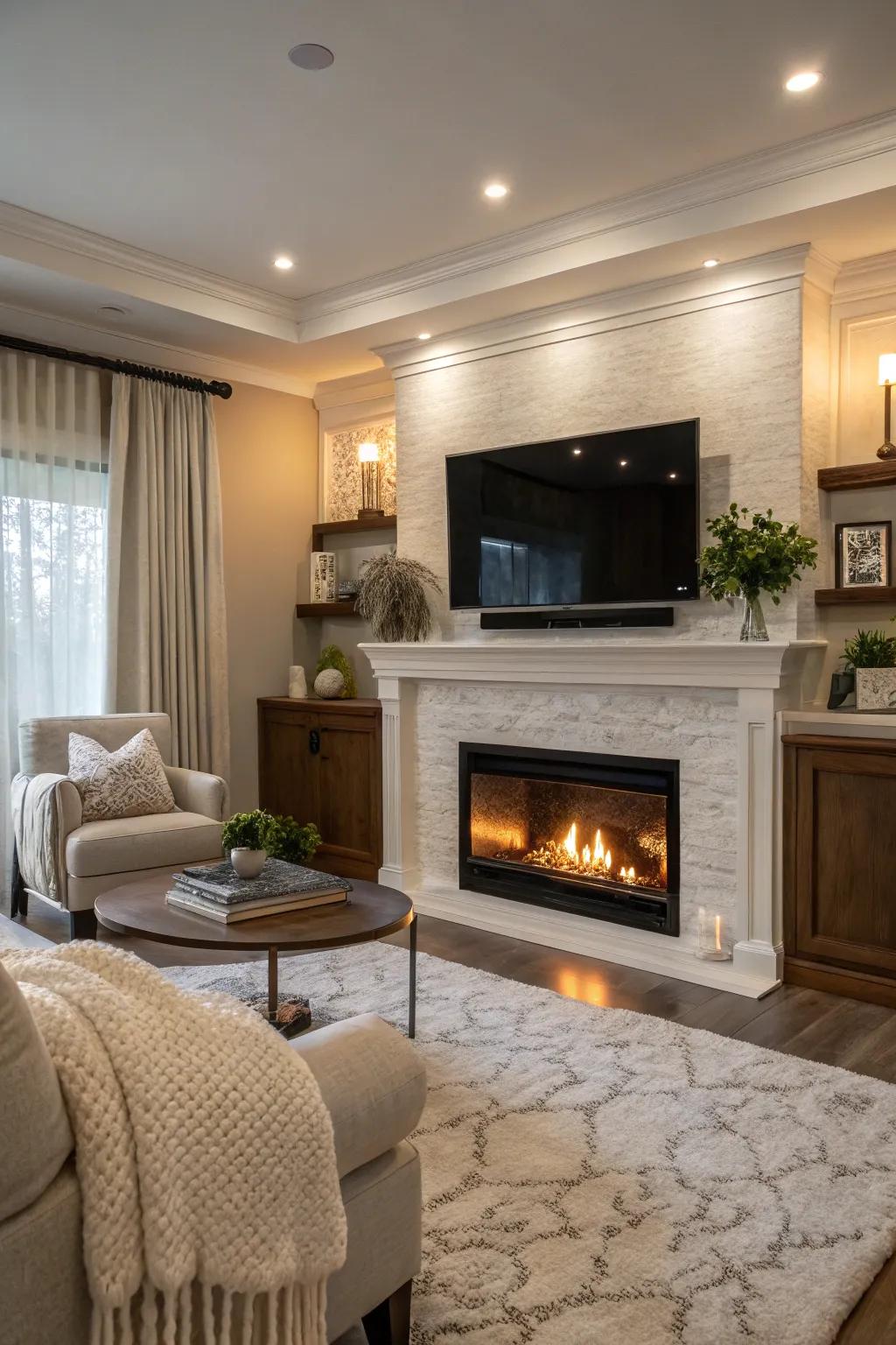 Floating TV frames create a cohesive tech and decor blend.