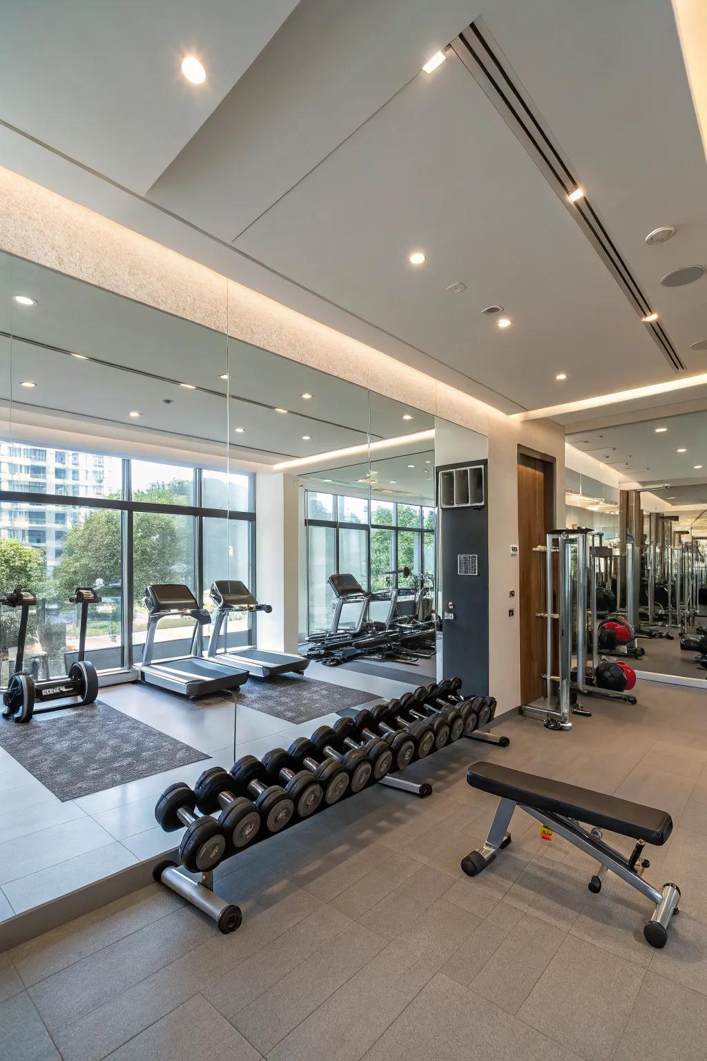 A well-integrated home gym inside a flex room.