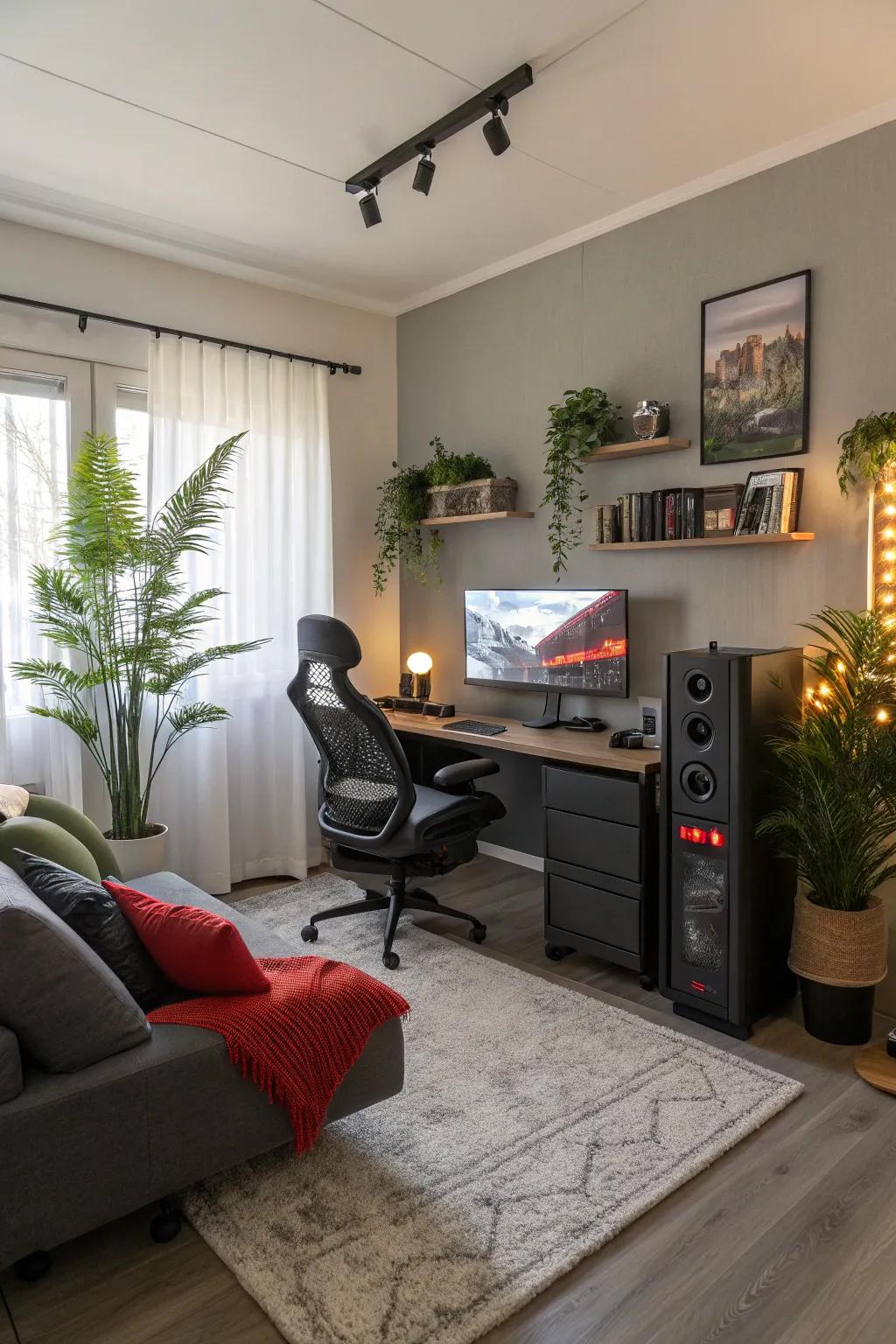 A gaming area featuring potted plants, adding a natural touch.