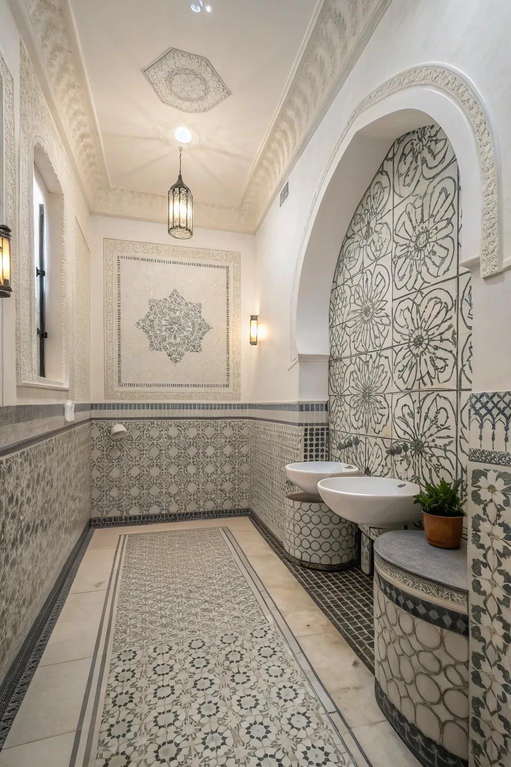 Unique tile patterns infuse creativity and interest into the bathroom design.