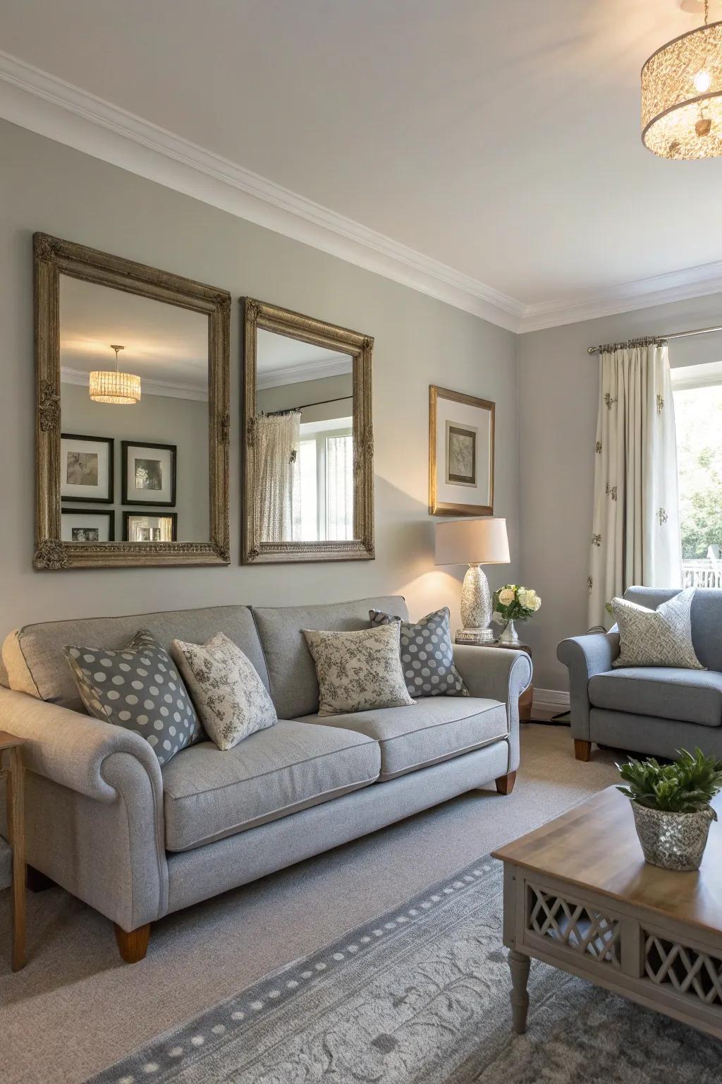 Mirrors amplify light and space in the living room.