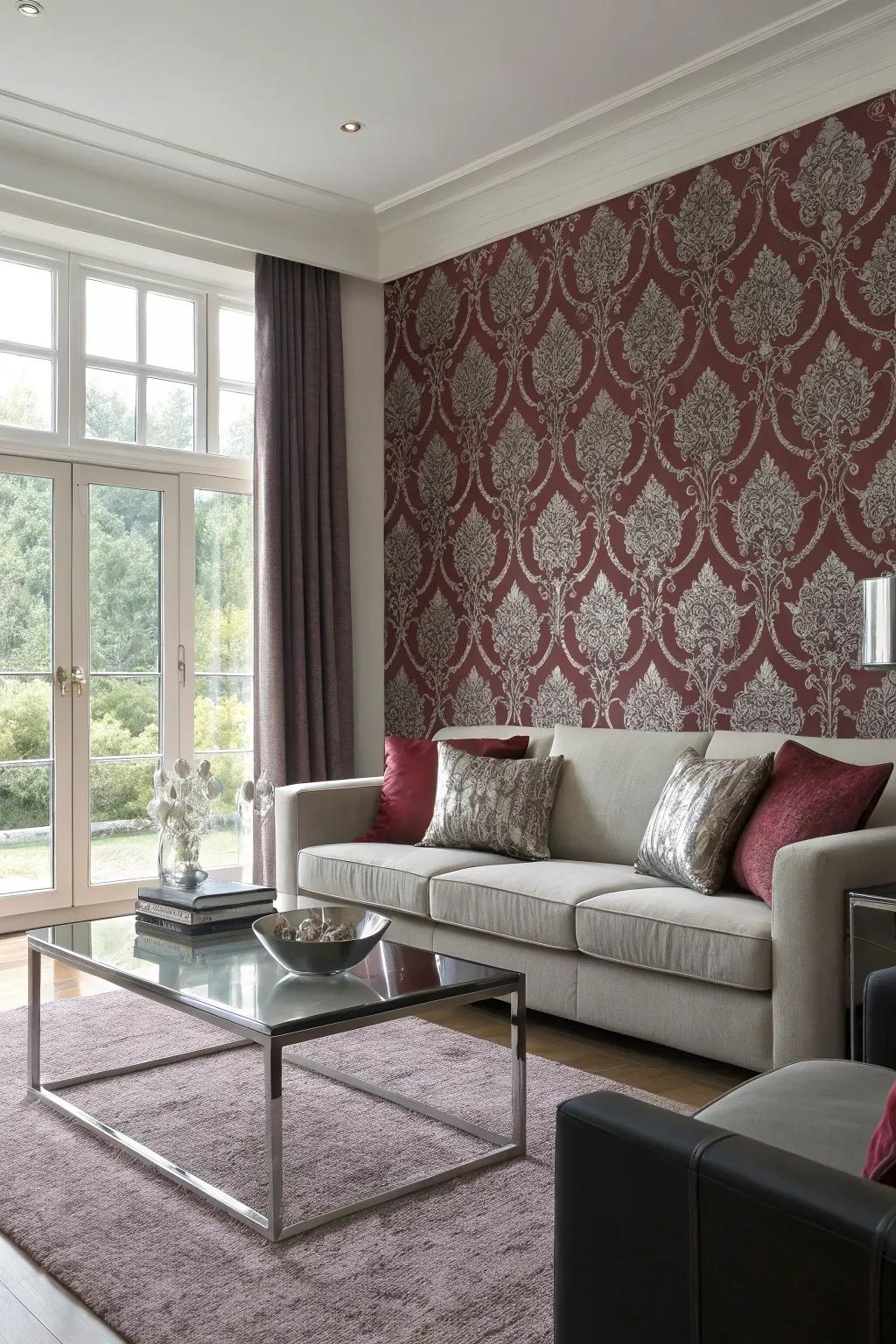Living area featuring patterned wall decor in crimson and neutral and contemporary furniture.
