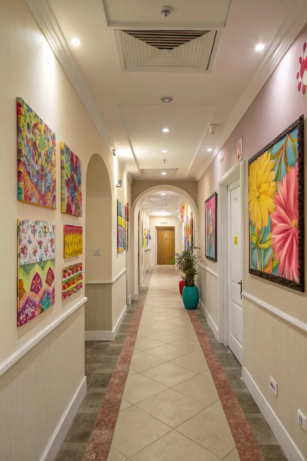 Unexpected pops of color bring a lively touch to the hallway.