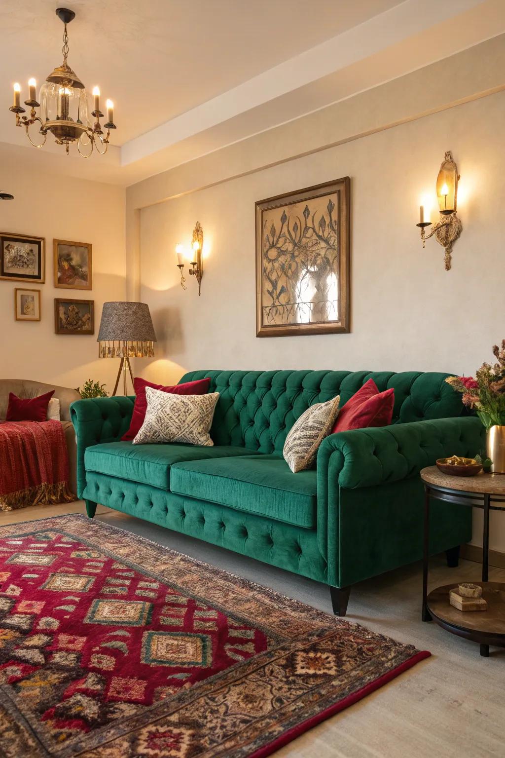 Rich gemstone tones introducing color and luxury to a modern setting.