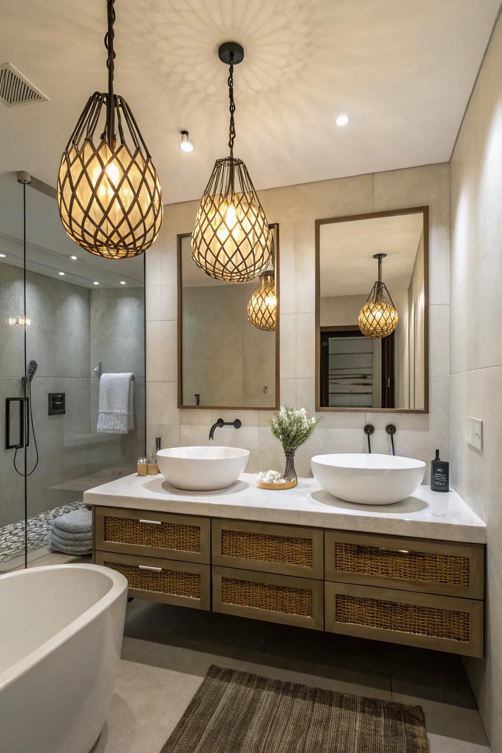 Unique lighting introduces character and depth to the bathroom.