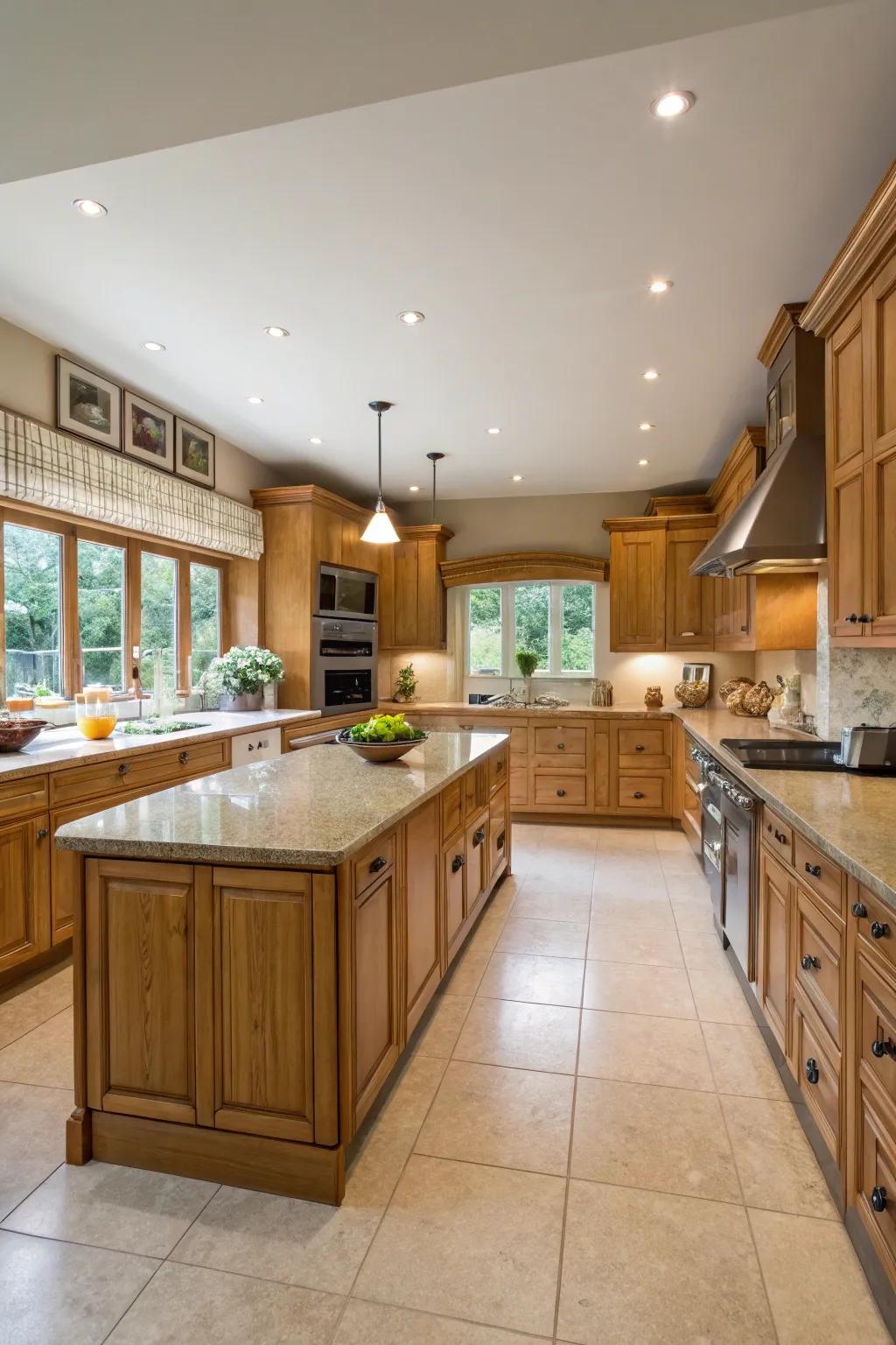 A U-shaped design maximizes area and storage in kitchens fitted with oak.