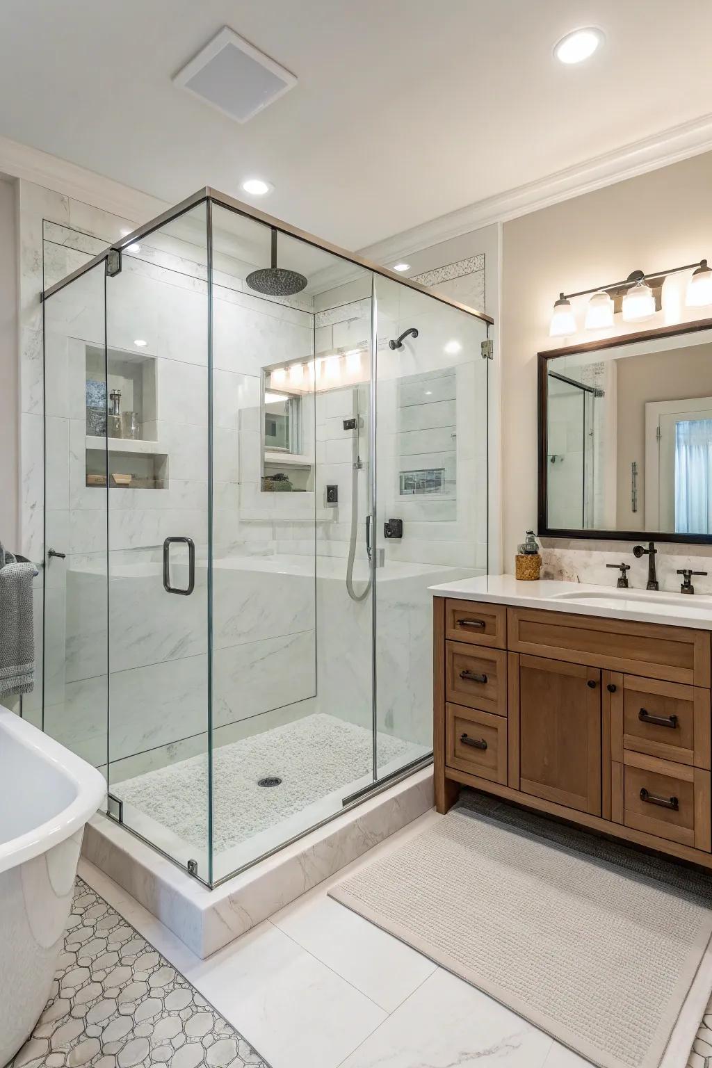 A walk-in shower contributes to a luxurious bathroom experience.