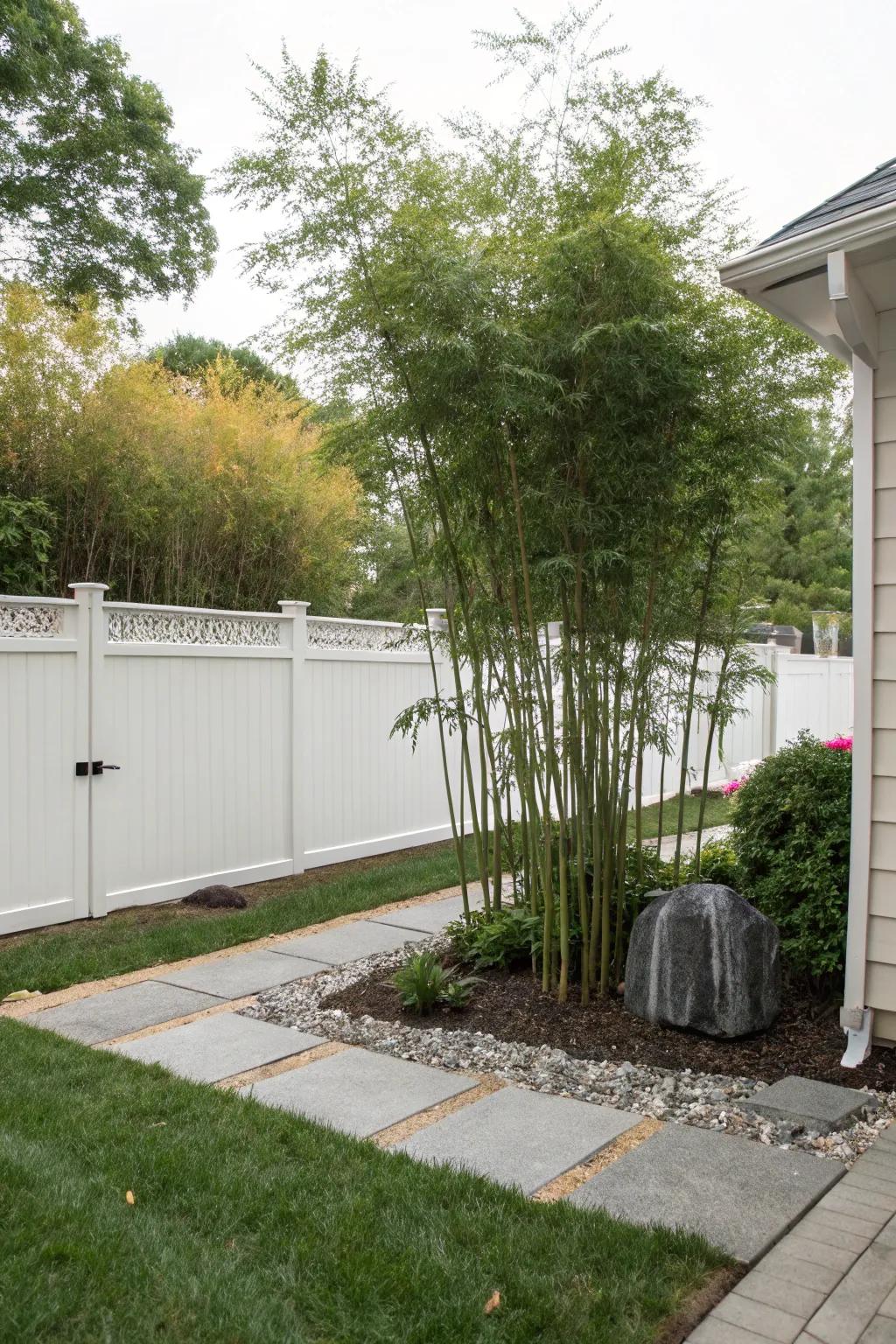 A serene quiet haven with bamboo in a contemporary front yard.