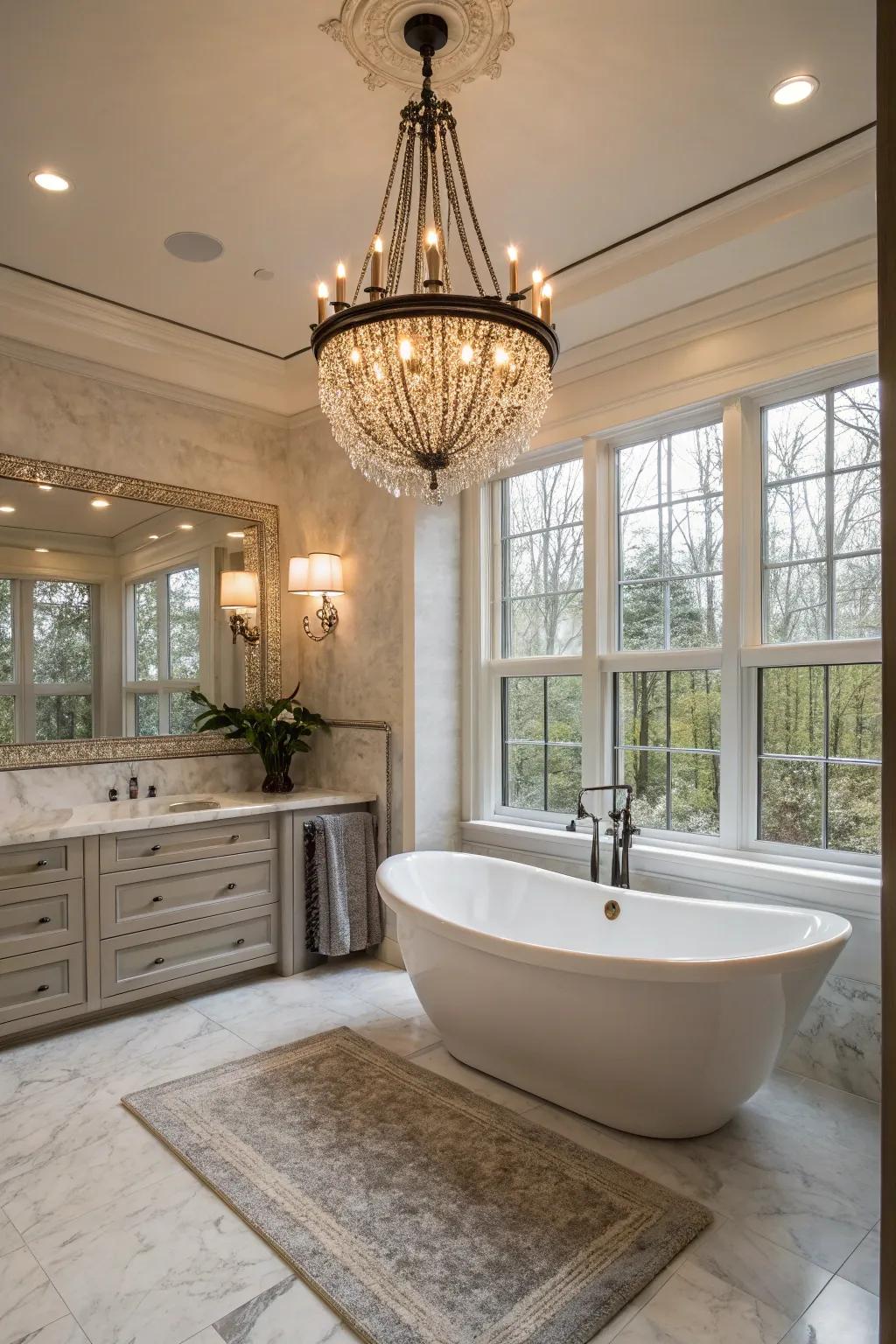 Impressive lighting appends glamour to the bathroom space.