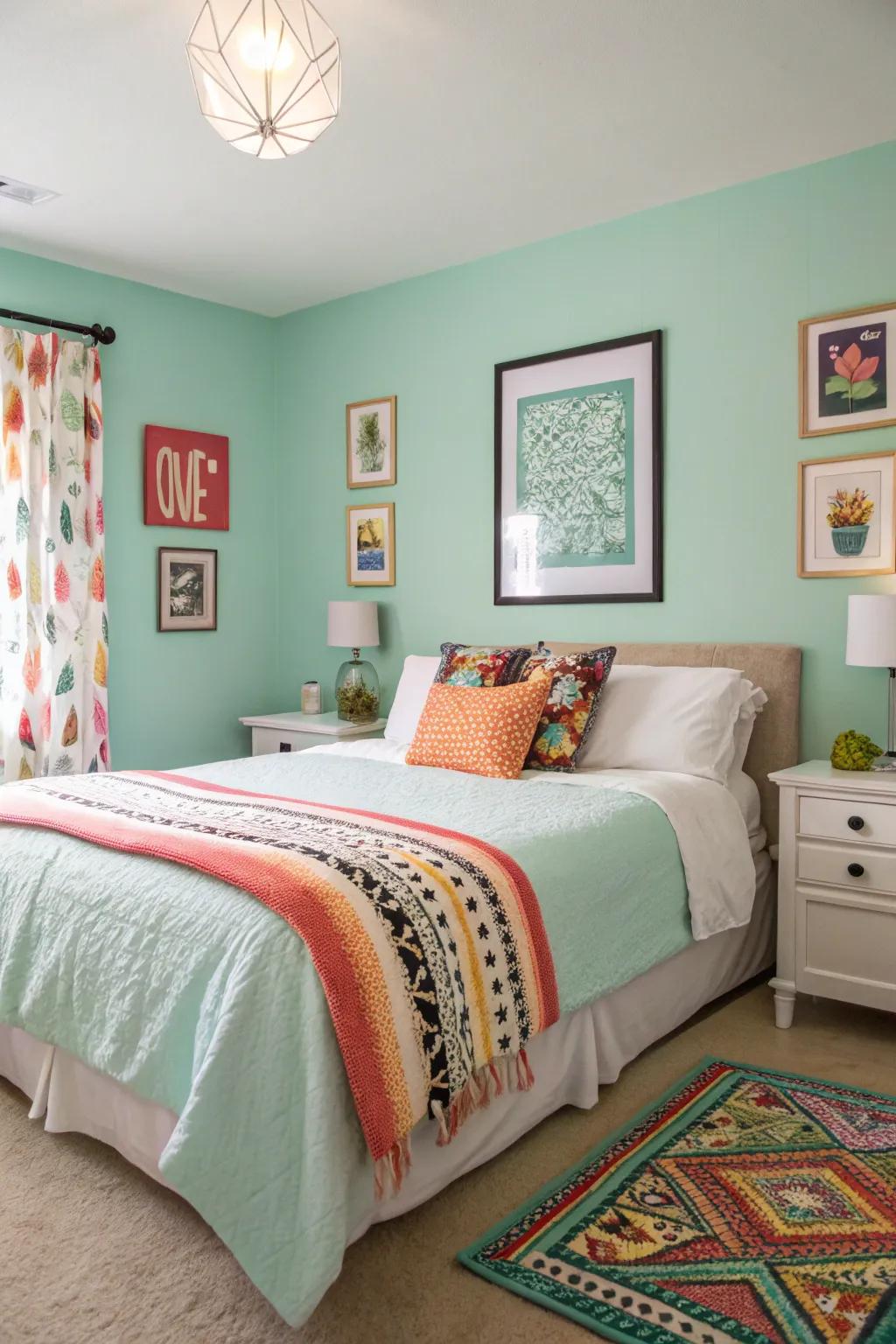 A playful pop of color in a mint green bedroom.