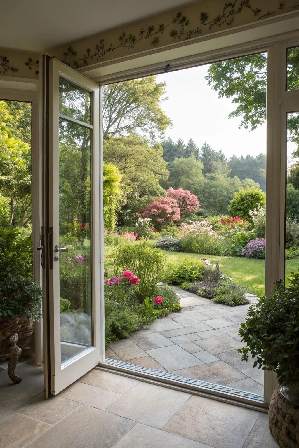Corner openings providing a panoramic garden experience.