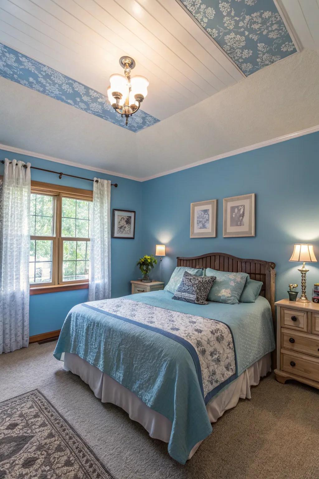 A pale blue ceiling introduces a sense of openness and surprise to the room.