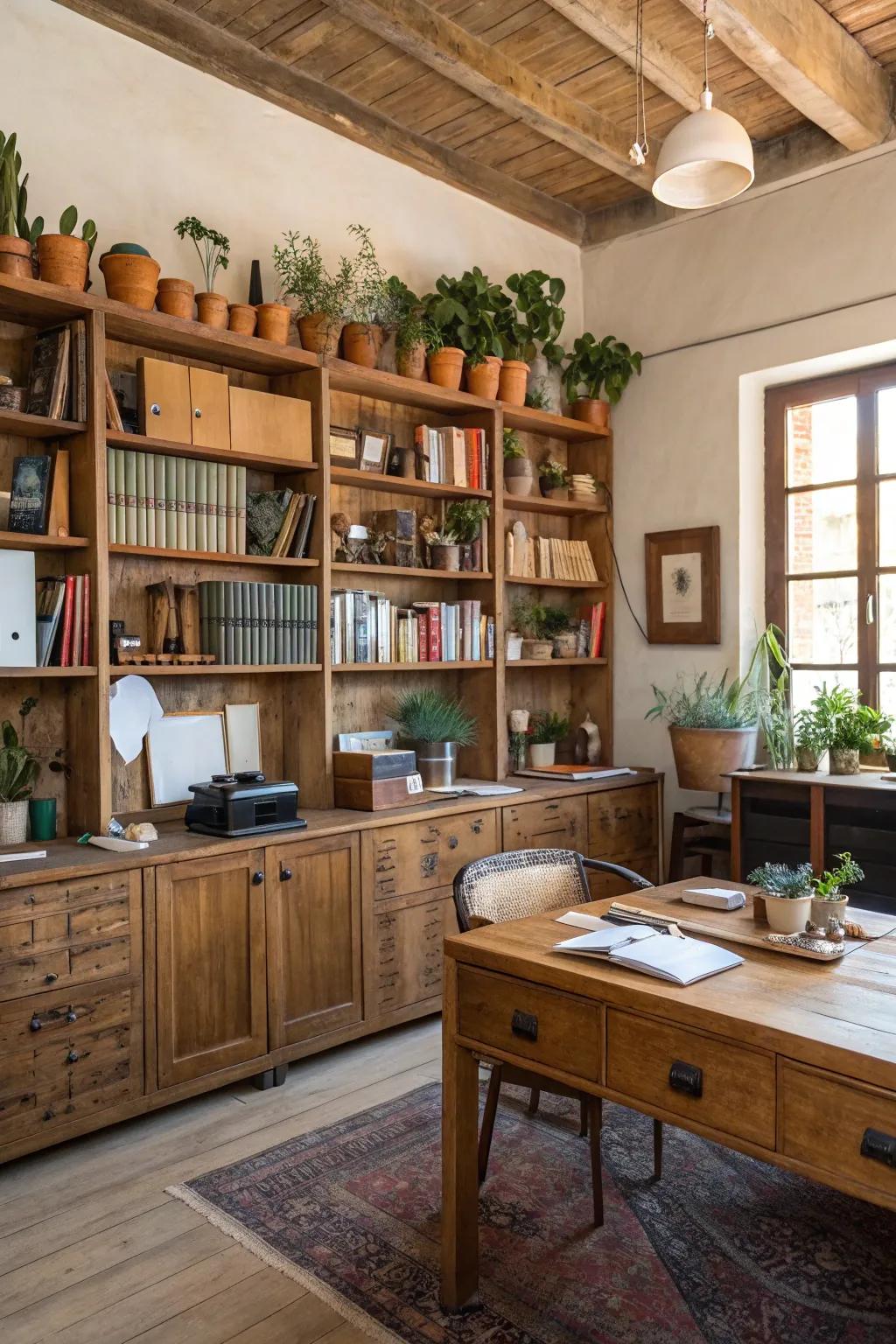 Exposed storage delivers both utility and visual appeal in a rustic office.