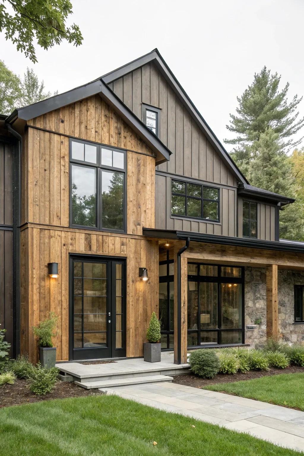Batten board siding bridges rustic and modern aesthetics.