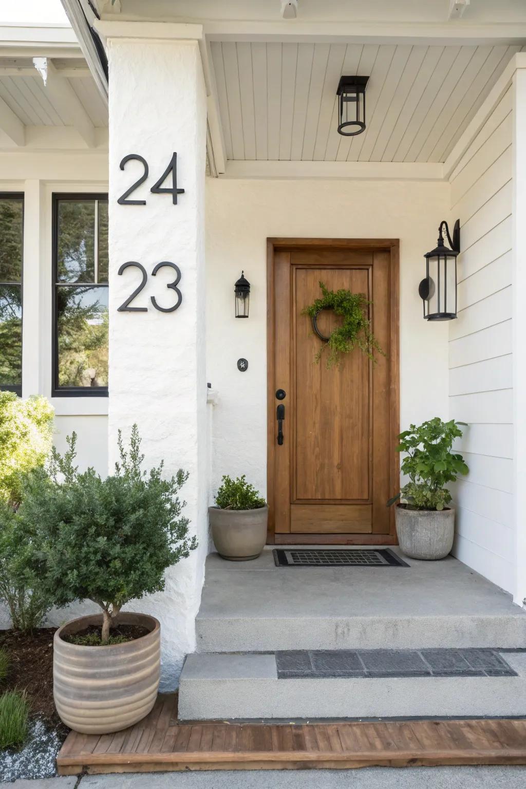 A petite front porch with refined, minimalist address numbers for a contemporary touch.