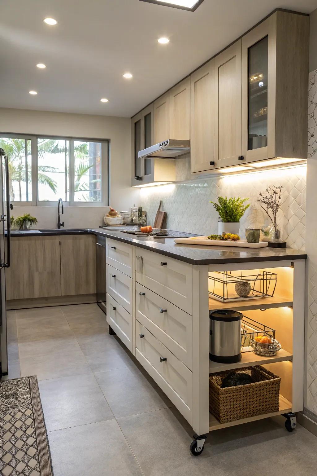 A rolling island enhances the versatility of a tiny kitchen arrangement.