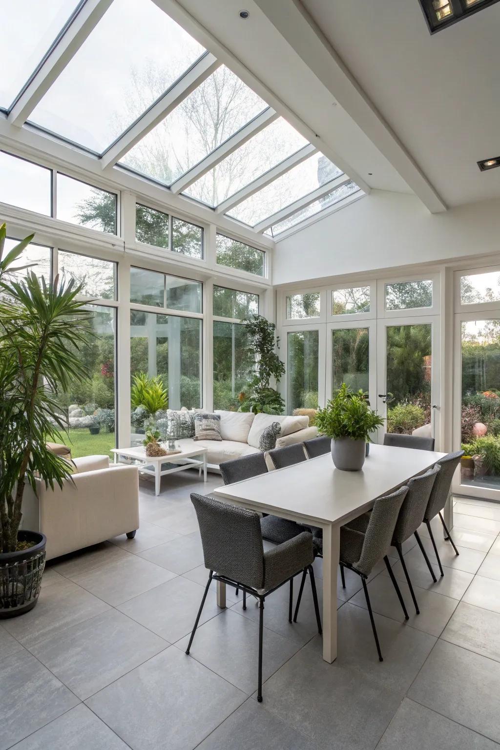 A versatile sunroom designed for both dining and relaxation.