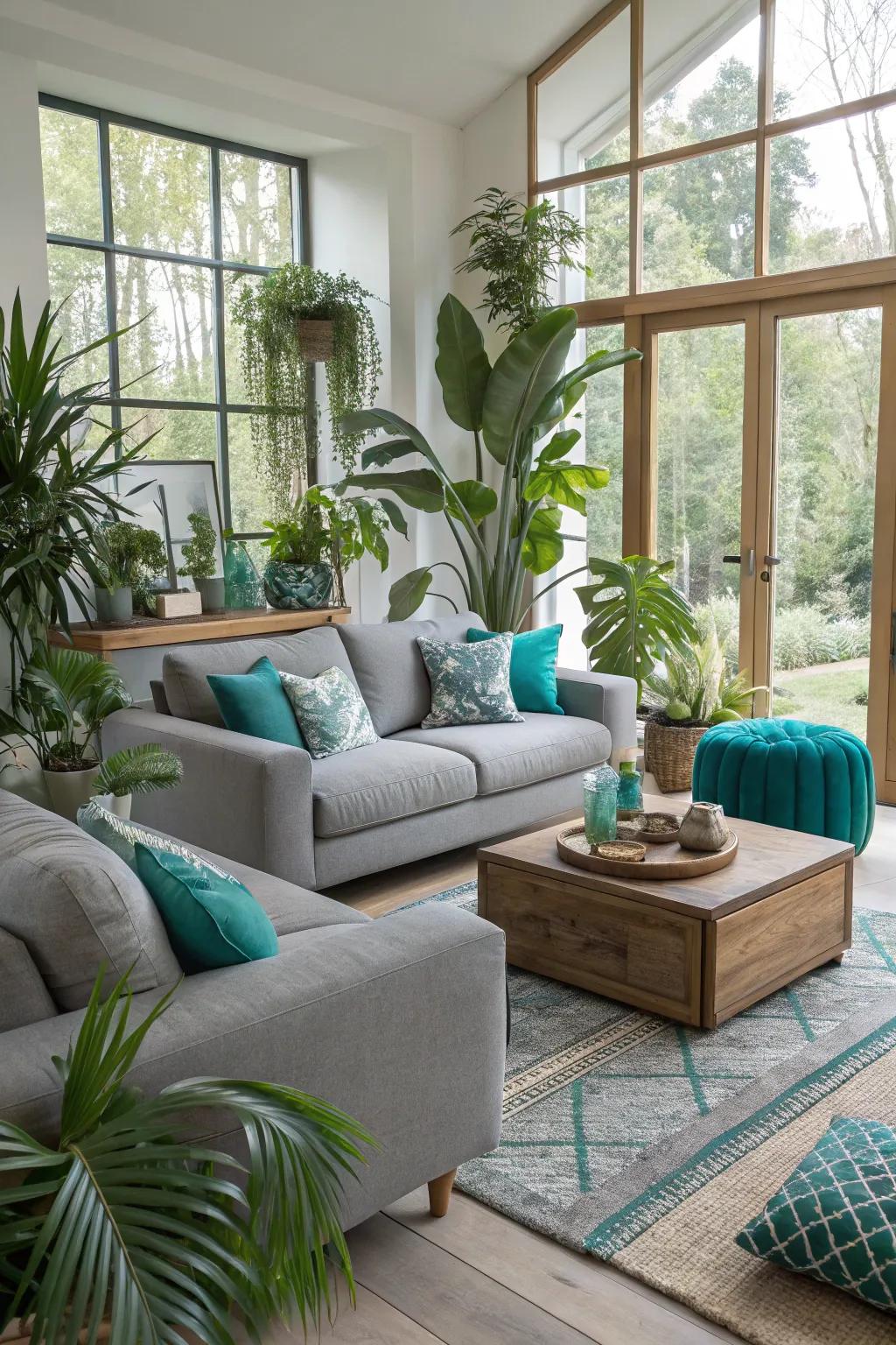 Foliage adds freshness to a sea-green and gray living room.