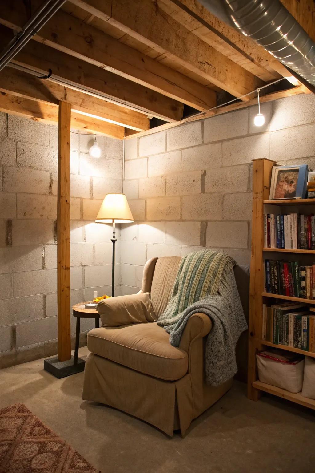 A cozy reading space offers a peaceful retreat.
