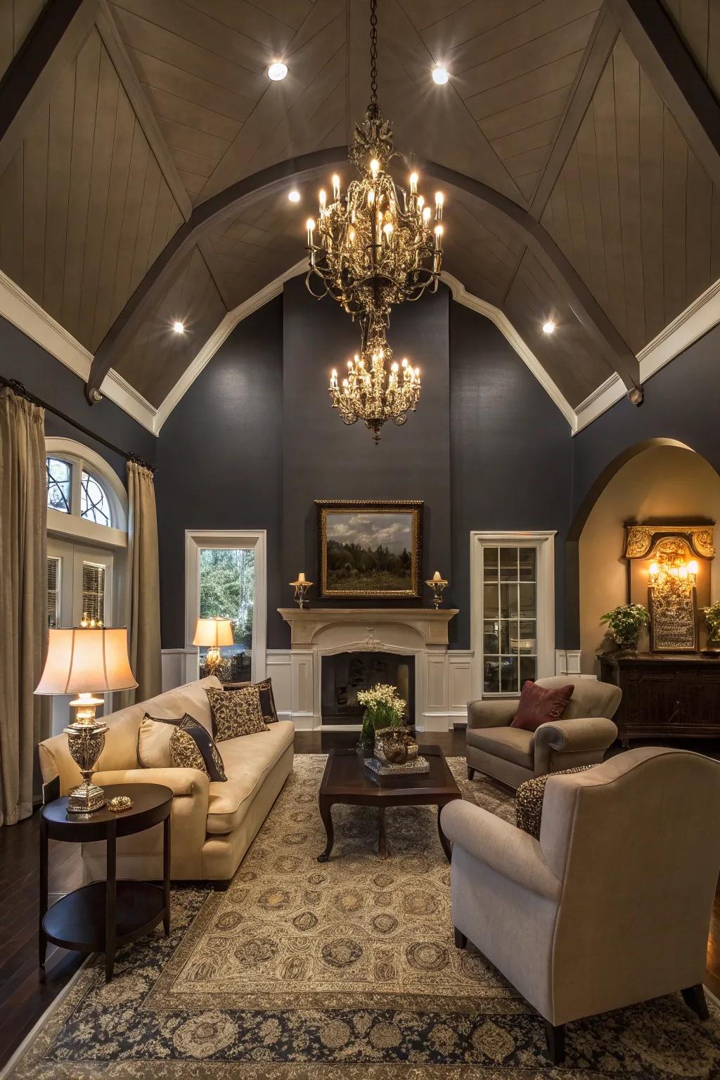 Dark ceilings fashion a dramatic and intimate vibe in this modern living room.