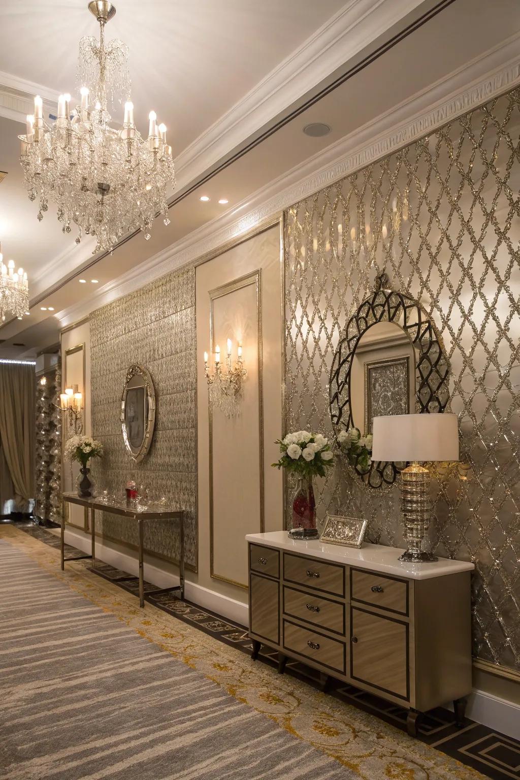 Metallic highlight wallcovering adds glamour to an elegant room.